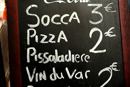 socca, pizza, pissaladiere, wine