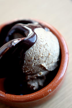 banana ice cream with chocolate sauce