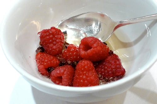 raspberries in verbena syrup