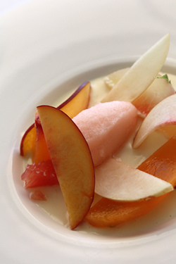 pink grapefruit sorbet with stone fruits