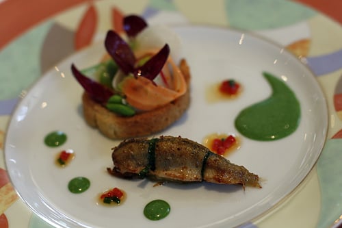 perch and raw fish and vegetable tart