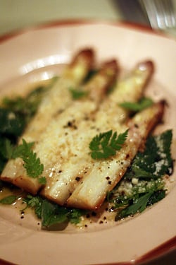 seared white asparagus with Parmesan