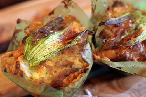 zucchini flower and duck egg muffins