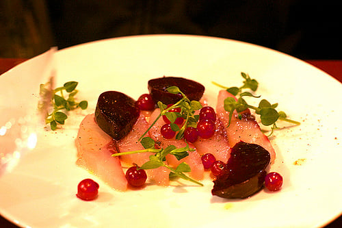 mulet, red currants, beets