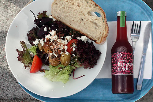 salad and lingonberry juice