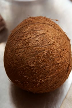 Close up of man hand grated coconut using an electric coconut grater in  Thailand Stock Photo