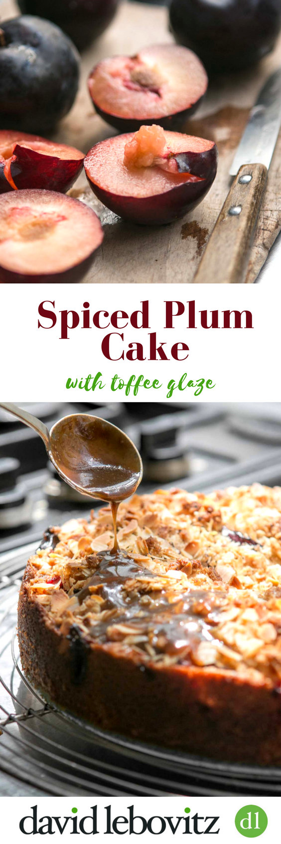 A delicious cake with tart plums, crunchy almonds & toffee glaze!