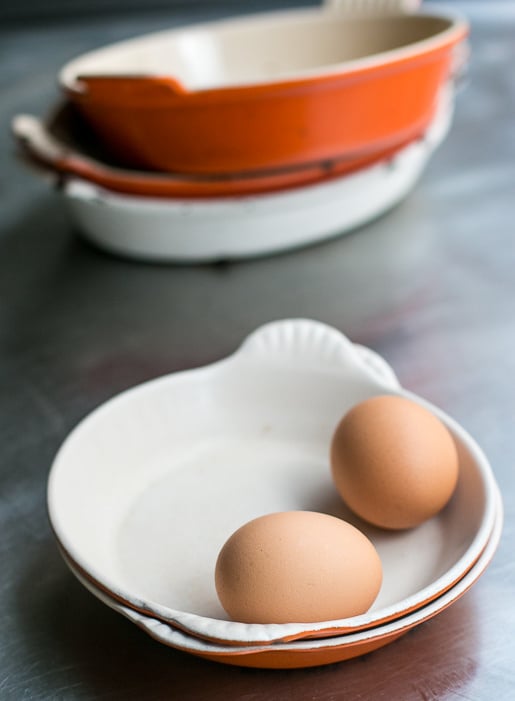 eggs and vintage gratin dishes