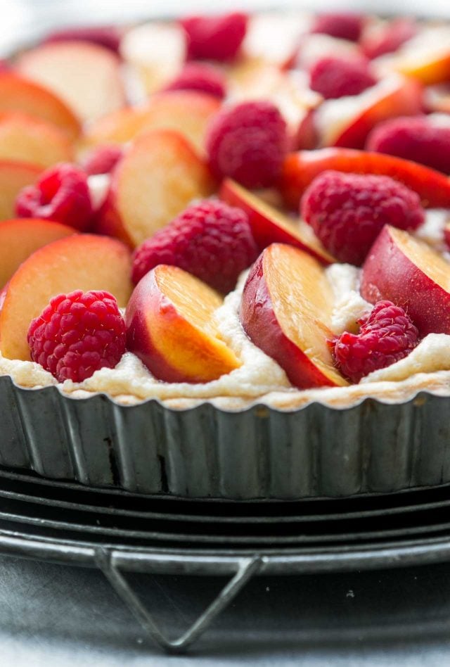 Frangipan French fruit tart recipe with nectarines and raspberries