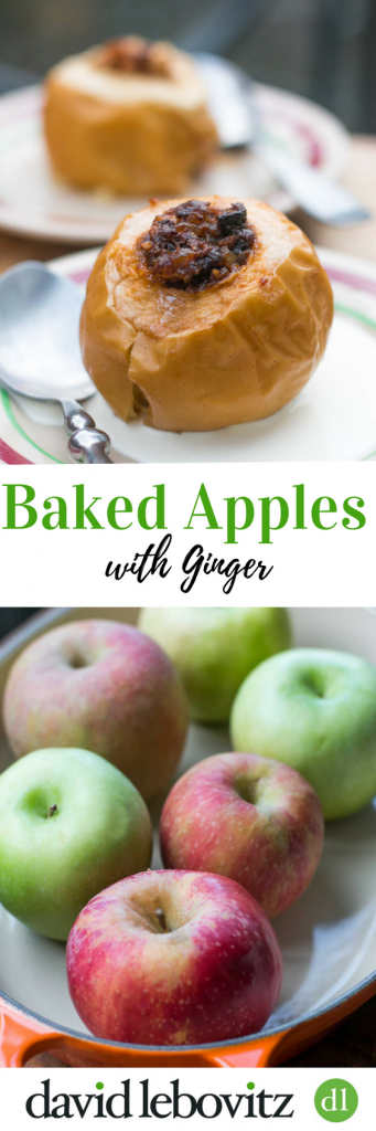 Lively flavored baked apples with the zing of candied ginger in the filling. Serve warm with vanilla ice cream. The perfect (easy) fall and winter dessert!