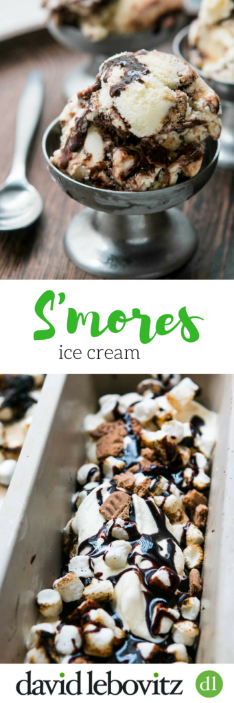 A delicious S'mores ice cream recipe from David Lebovitz, author of The Perfect Scoop, layered with toasted marshmallows, cookie crumbs and fudge ripple!