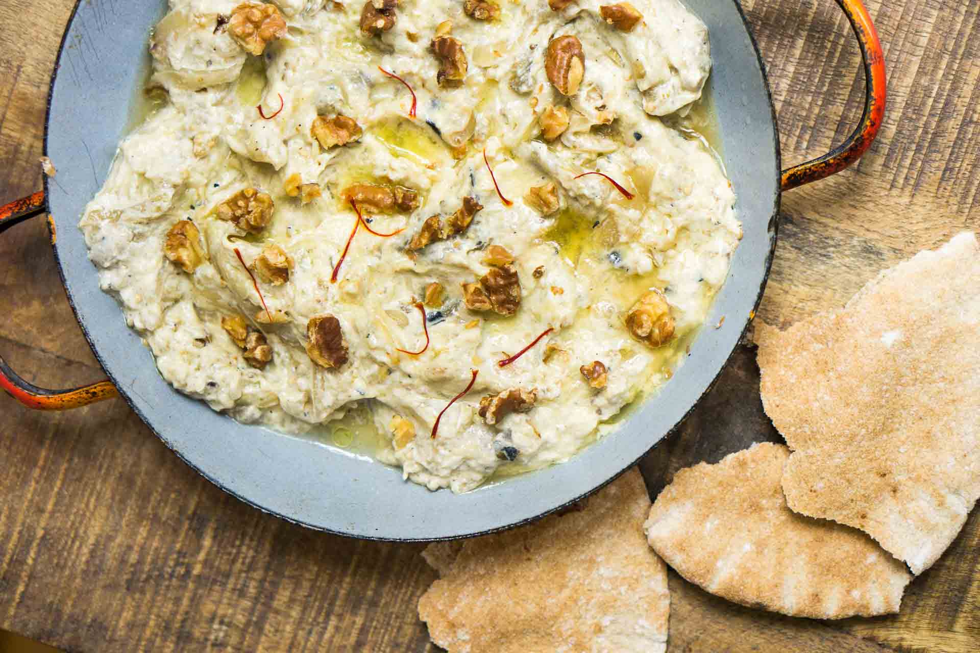 Eggplant and Yogurt Spread with Saffron and Walnuts