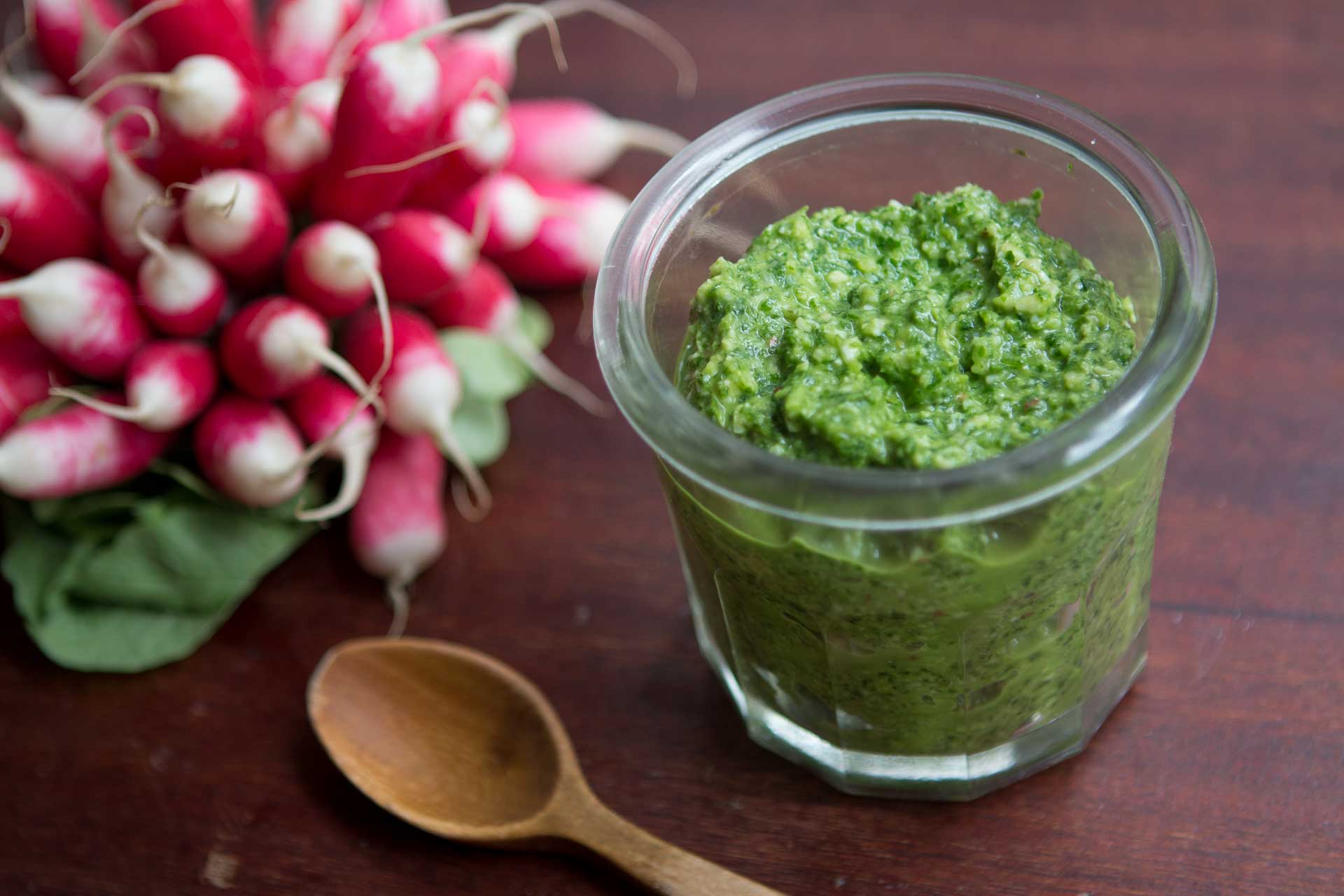 Today we are back and I am using carrot and radish tops to make pesto., radish recipe